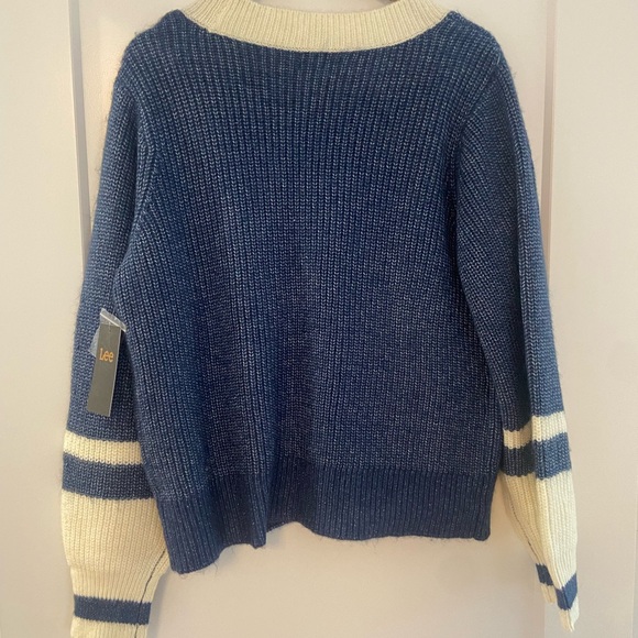 Stripe Cardigan Sweater Long Sleeve Navy/Cream Medium RARE - Picture 2 of 8